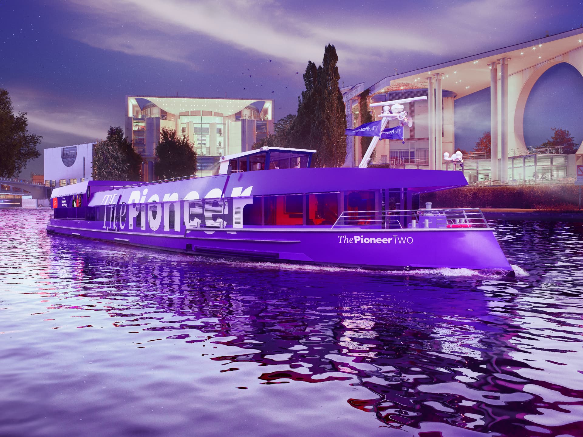 Das Medienschiff The Pioneer Two in Lila vor dem Kanzleramt auf der Spree