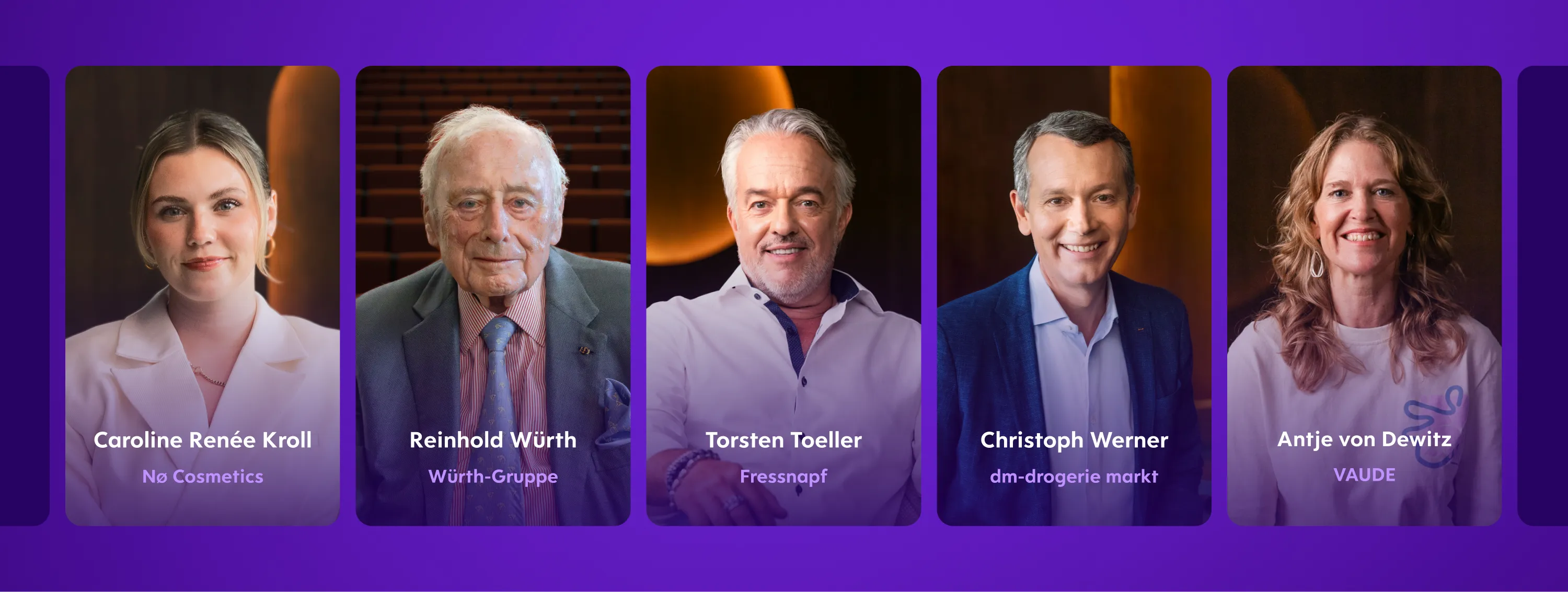 Porträts der Masterclass-Gäste Caroline Renée Kroll (Nø Cosmetics), Reinhold Würth (Würth-Gruppe), Torsten Toeller (Fressnapf), Christoph Werner (dm-drogerie markt) und Antje von Dewitz (VAUDE)